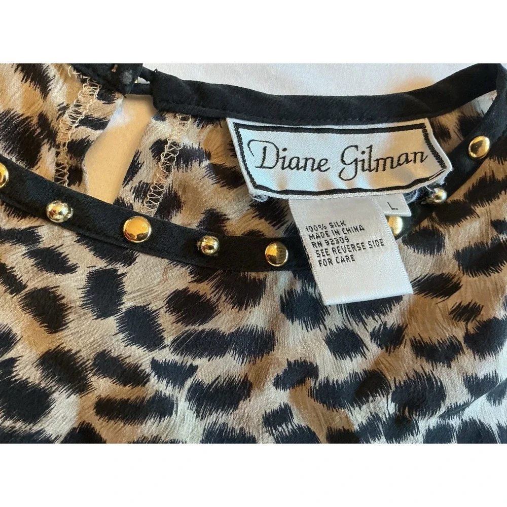 Diane Gilman - 100% Silk - Cheetah Print Short Sleeve Blouse Studded - Size L - Picture 6 of 8